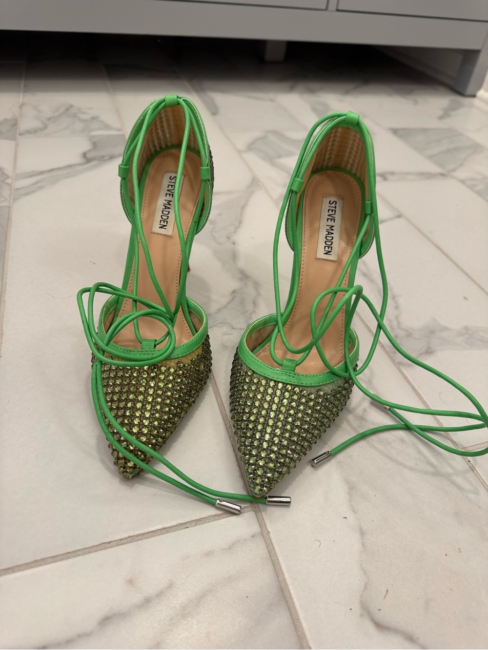 Steve Madden Neon Green Crystal Lace-Up Pointed Toe Heels